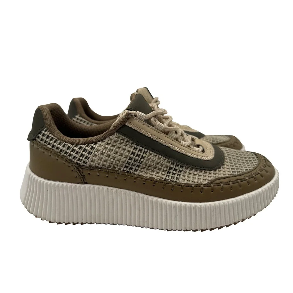 Nicole Miller Platform Sneakers Womens 8 Olive Tan Excellent Mixed Media Mesh